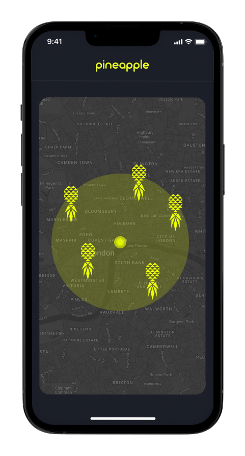 A mockup of a phone screen that shows the search radius feature on the app to look for parties in your area on the pineapple app